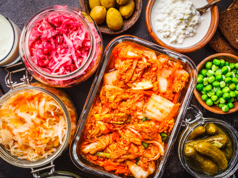 Probiotics Food Concept. Kimchi, Beet Sauerkraut, Sauerkraut, Co