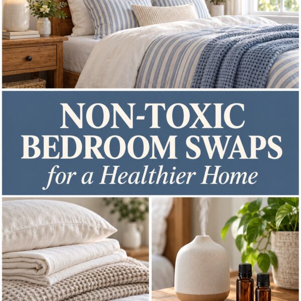 Non-Toxic Bedroom Swaps for a Healthier Home: blue-and-white bedding, folded cotton linens, and an essential oil diffuser