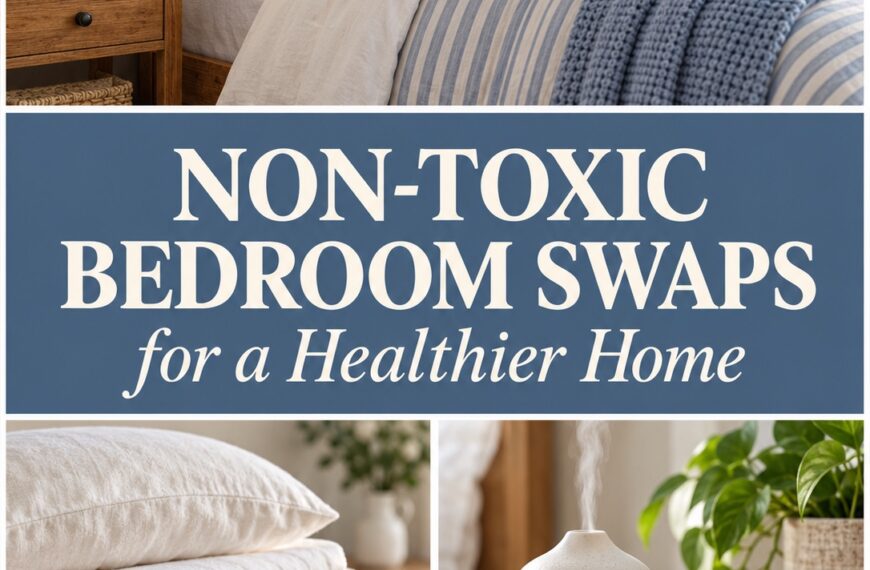 Non-Toxic Bedroom Swaps for a Healthier Home: blue-and-white bedding, folded cotton linens, and an essential oil diffuser