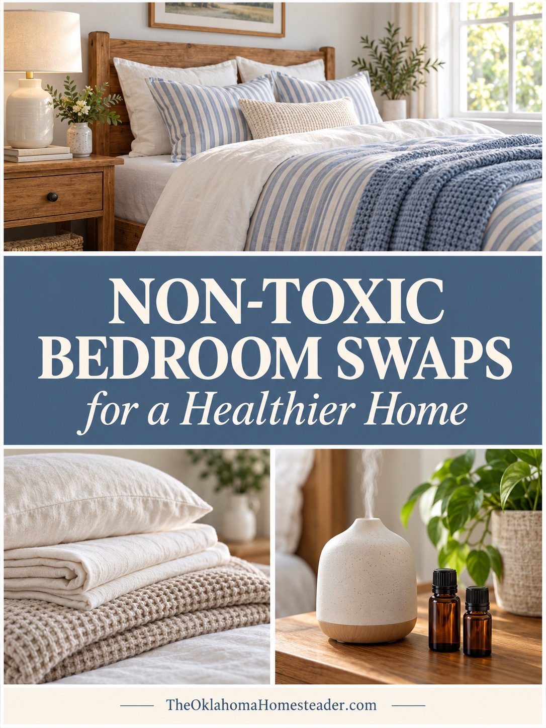 Non-Toxic Bedroom Swaps for a Healthier Home: blue-and-white bedding, folded cotton linens, and an essential oil diffuser