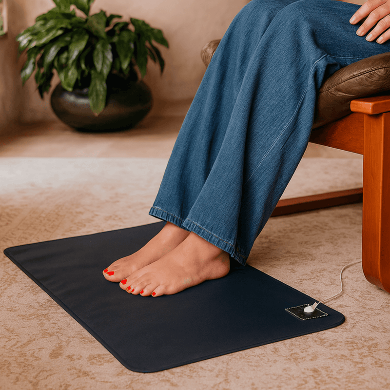 Bare feet resting on a Premium Grounding mat beside a chair Non-Toxic Bedroom Swaps