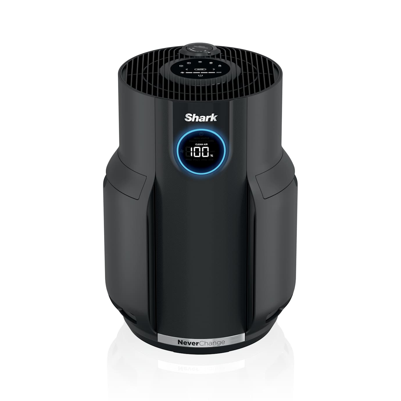 Charcoal grey Shark NeverChange HP152 air purifier with an illuminated front display